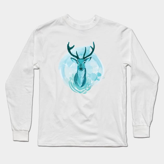 Blue Stag Illustration Long Sleeve T-Shirt by cheekymare